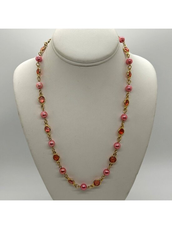 Two Sisters Jewelry - Vintage Two Sisters Signed Pink Faux Pearl Bezel Gold Tone Station Long Necklace